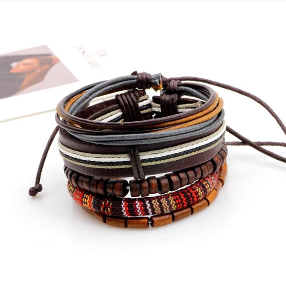 Boho 5 PC Set Wood Beads Leather Bracelets - Picture 4 of 7